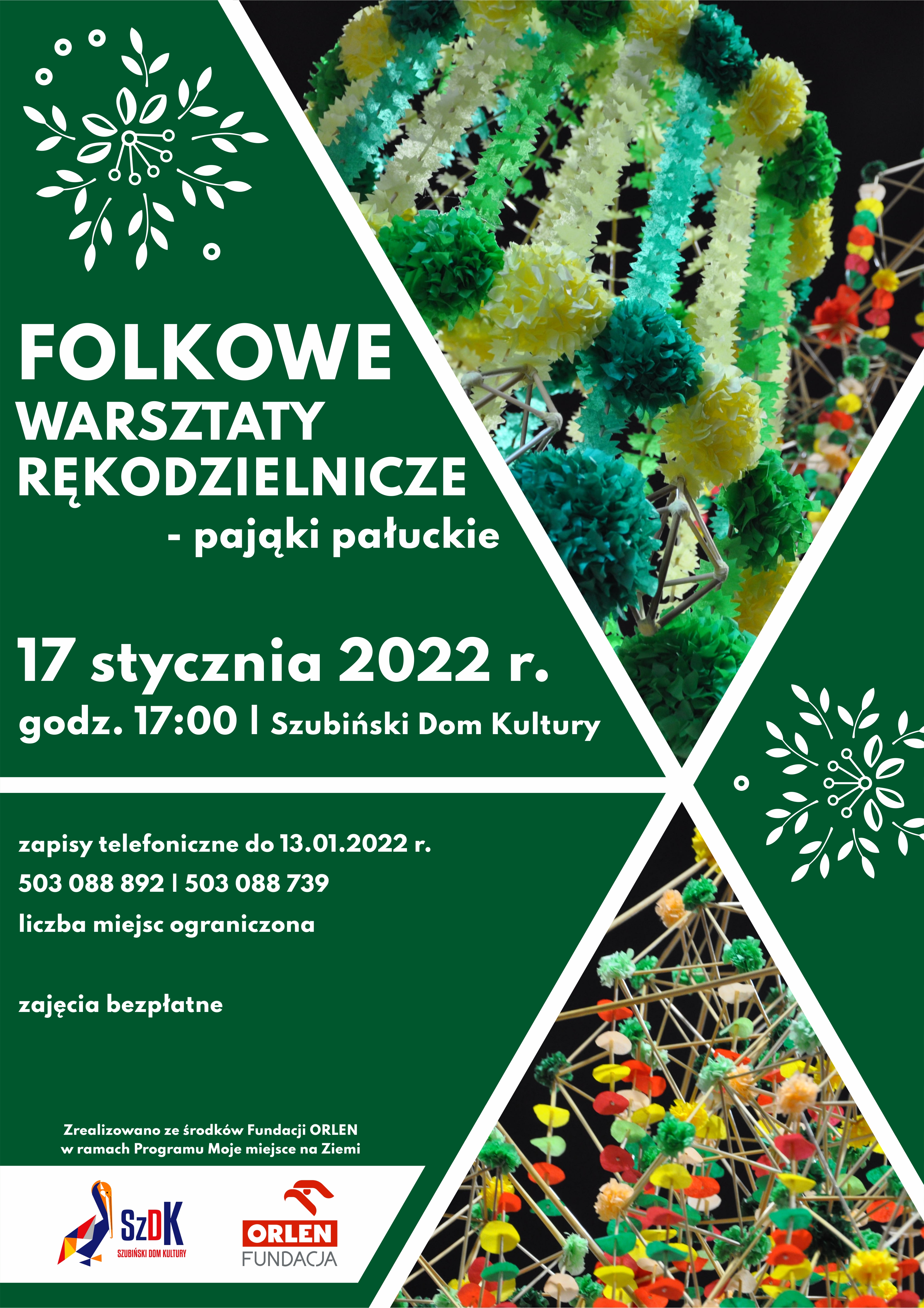 Plakat Folkowe Warsztaty Rękodzielnicze - pająki plastyczne Plakat Folkowe Warsztaty Rękodzielnicze - pająki plastyczne